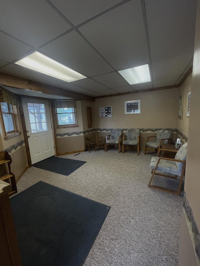 20417 State St, Onaway, MI 49765 - below grade area with a drop ceiling and carpet flooring