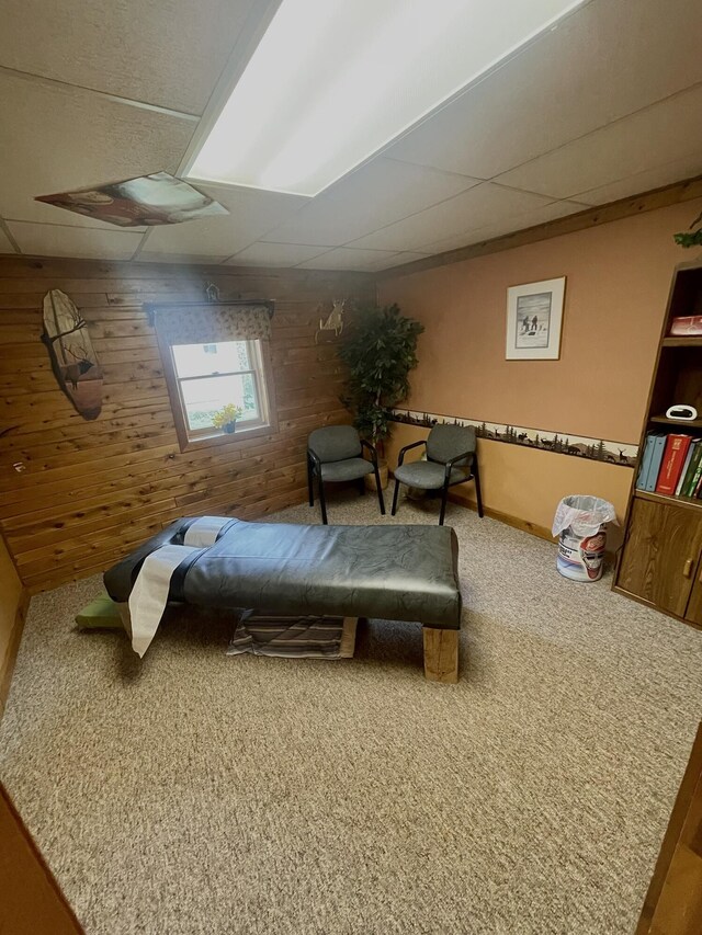20417 State St, Onaway, MI 49765 - bedroom featuring a paneled ceiling, carpet, wood walls, and baseboards