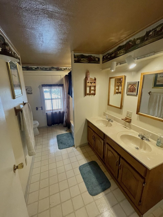 20417 State St, Onaway, MI 49765 - full bathroom with toilet, shower / bath combo with shower curtain, double vanity, and a textured ceiling