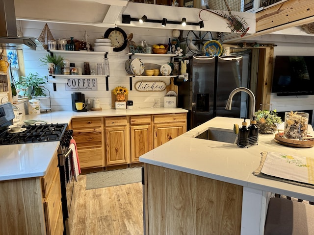 2733 Timberlane Trl, Grayling, MI 49738 - kitchen featuring stainless steel gas range, a sink, open shelves, light countertops, and light wood-type flooring