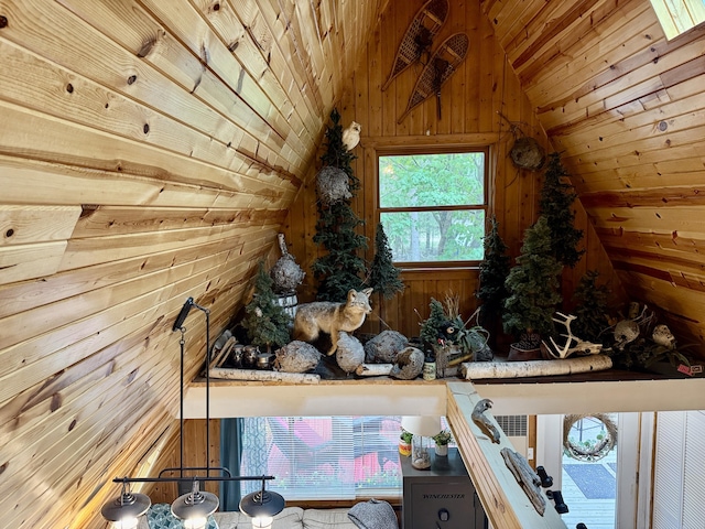 2733 Timberlane Trl, Grayling, MI 49738 - interior space featuring wooden walls, lofted ceiling, and wood ceiling