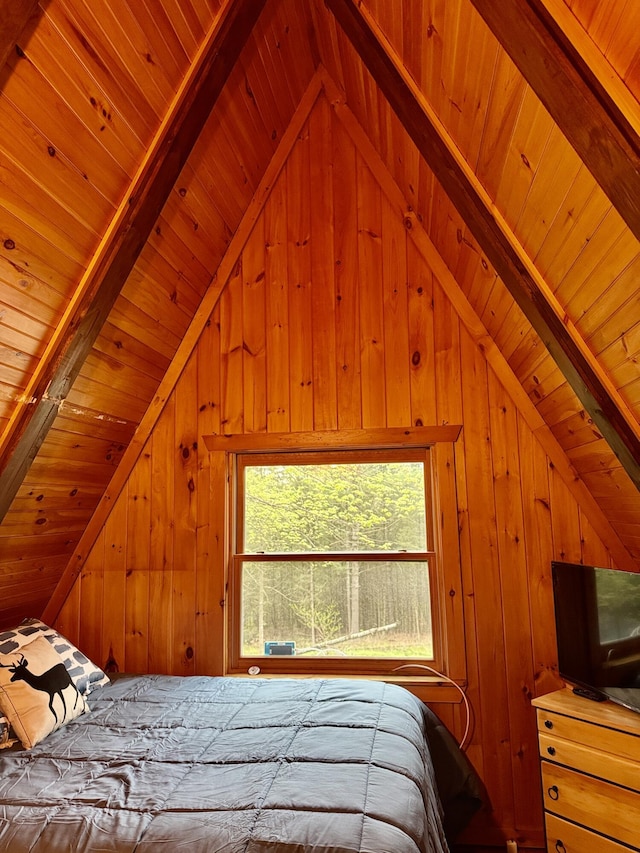 2733 Timberlane Trl, Grayling, MI 49738 - bedroom featuring wooden ceiling and wooden walls