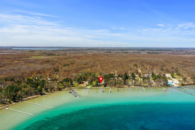 aerial view of property's location with a forest and a large body of water