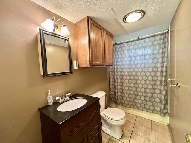 8448 Heatherton Cir, Mancelona, MI 49659 - full bath with a textured ceiling, vanity, toilet, tile patterned floors, and a shower with curtain