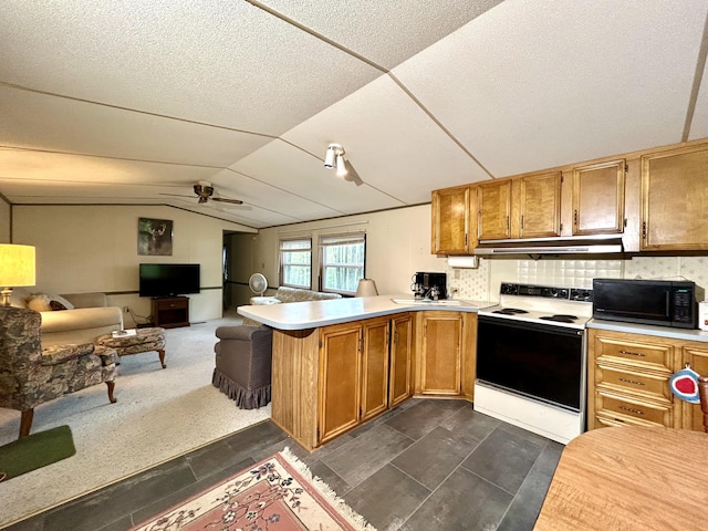 8448 Heatherton Cir, Mancelona, MI 49659 - kitchen featuring white range with electric cooktop, black microwave, under cabinet range hood, a peninsula, and light countertops