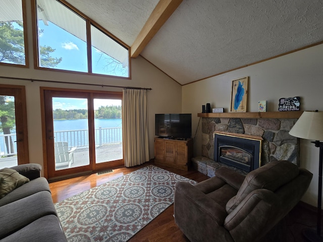 2623 W Dixon Lake Dr, Gaylord, MI 49735 - living room featuring wood finished floors, a textured ceiling, and a fireplace