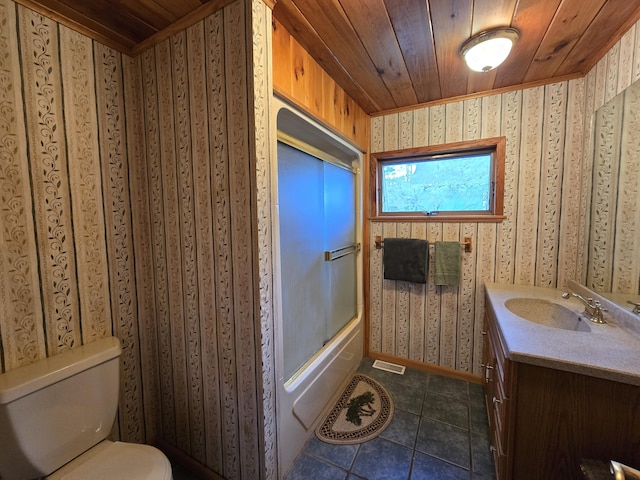 2623 W Dixon Lake Dr, Gaylord, MI 49735 - bathroom with toilet, tile patterned floors, wallpapered walls, vanity, and wooden ceiling