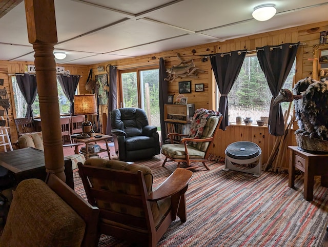 20563 S M32, Hillman, MI 49746 - carpeted living room featuring wood walls and decorative columns