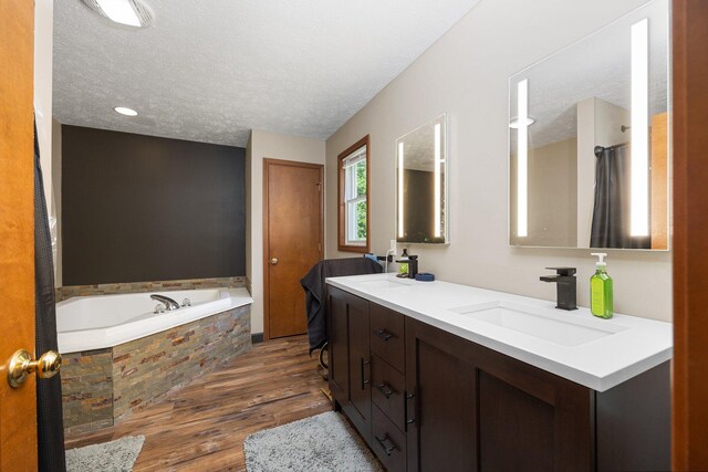 11758 Woodview Trl, Gaylord, MI 49735 - full bath with wood finished floors, a textured ceiling, a bath, and double vanity