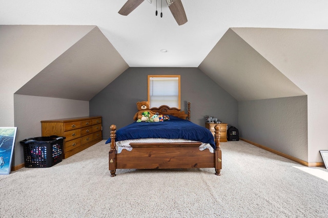 11758 Woodview Trl, Gaylord, MI 49735 - carpeted bedroom featuring ceiling fan, lofted ceiling, and baseboards