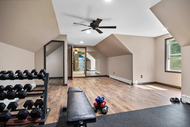 11758 Woodview Trl, Gaylord, MI 49735 - workout area with a ceiling fan, a baseboard radiator, baseboards, wood finished floors, and recessed lighting