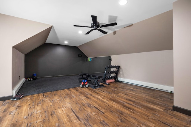 11758 Woodview Trl, Gaylord, MI 49735 - workout area featuring a ceiling fan, vaulted ceiling, wood finished floors, recessed lighting, and baseboards