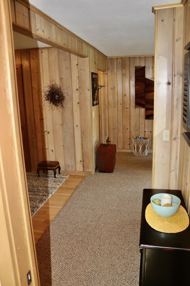 6475 W Legner Trl, Grayling, MI 49738 - corridor with wooden walls, wood finished floors, and carpet floors