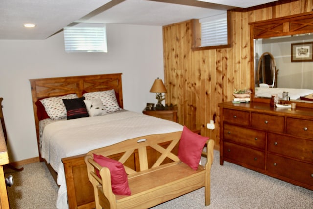 6475 W Legner Trl, Grayling, MI 49738 - bedroom featuring light carpet and wooden walls