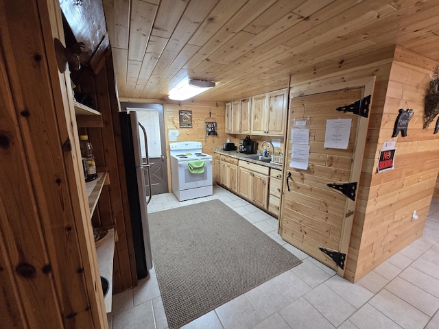 7912 Millecoquin Trl, Gaylord, MI 49735 - kitchen featuring white electric range, a sink, wood ceiling, wood walls, and light brown cabinets