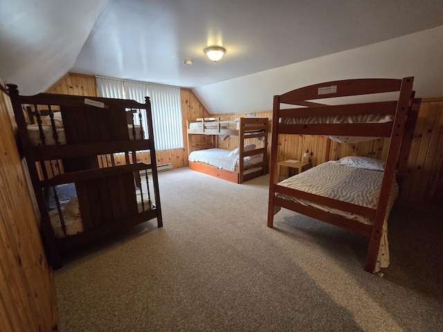 7912 Millecoquin Trl, Gaylord, MI 49735 - carpeted bedroom featuring wood walls, lofted ceiling, and a baseboard radiator