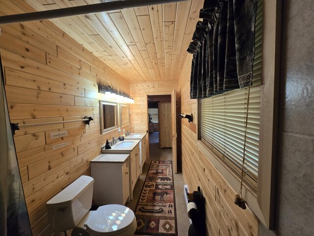7912 Millecoquin Trl, Gaylord, MI 49735 - bathroom featuring wood walls, wood ceiling, toilet, and vanity