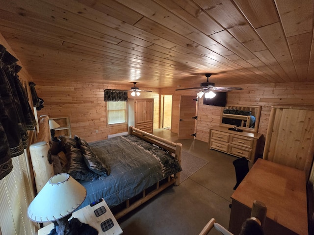 7912 Millecoquin Trl, Gaylord, MI 49735 - bedroom featuring wood ceiling, finished concrete floors, and wood walls
