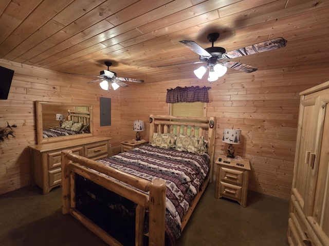 7912 Millecoquin Trl, Gaylord, MI 49735 - bedroom with wood walls, wood ceiling, carpet flooring, and electric panel