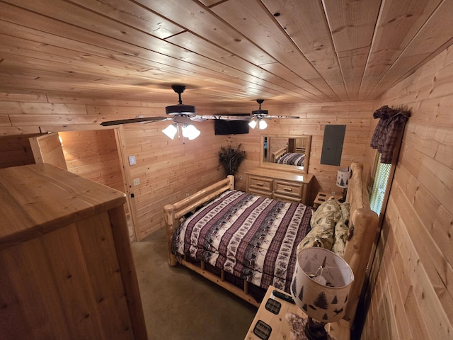 7912 Millecoquin Trl, Gaylord, MI 49735 - carpeted bedroom with wood walls, wooden ceiling, and electric panel