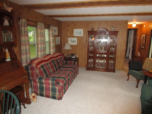 541 Ranch Rd, Indian River, MI 49749 - carpeted living area with wood walls and beamed ceiling