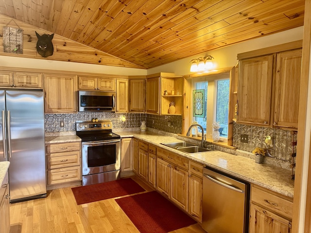 870 Dalton Dr, Rose City, MI 48654 - kitchen featuring appliances with stainless steel finishes, a sink, vaulted ceiling, wood ceiling, and tasteful backsplash