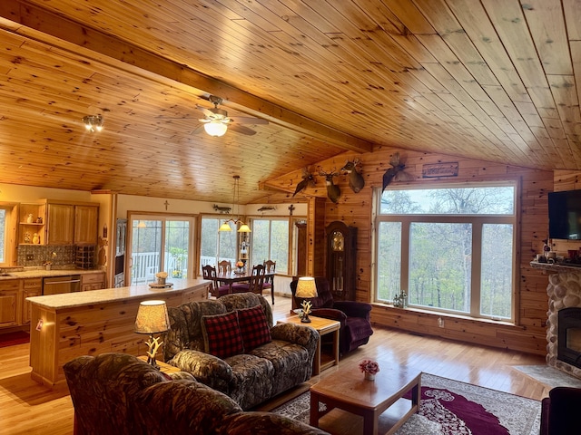 870 Dalton Dr, Rose City, MI 48654 - living area featuring healthy amount of natural light, light wood-style floors, wooden walls, a ceiling fan, and wooden ceiling