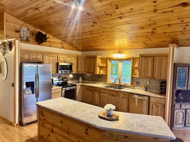 870 Dalton Dr, Rose City, MI 48654 - kitchen featuring appliances with stainless steel finishes, a sink, open shelves, vaulted ceiling, and backsplash