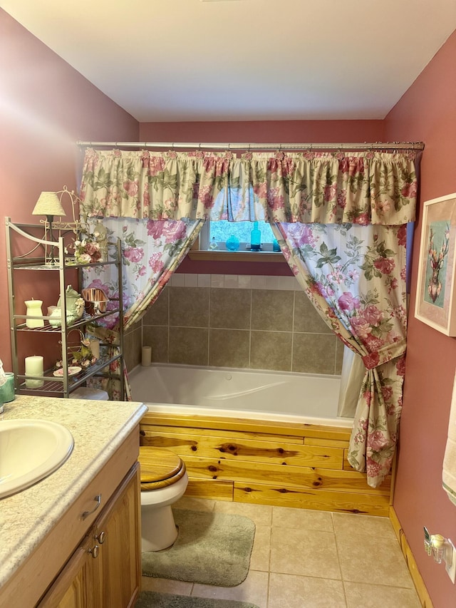 870 Dalton Dr, Rose City, MI 48654 - full bath featuring tile patterned floors, toilet, vanity, and shower / bath combo with shower curtain