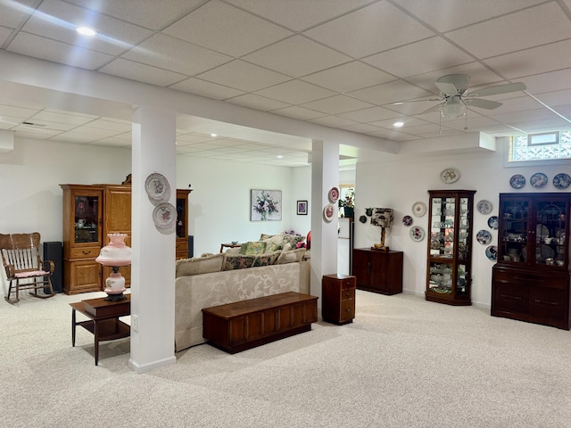 870 Dalton Dr, Rose City, MI 48654 - interior space featuring carpet, a paneled ceiling, recessed lighting, and ceiling fan