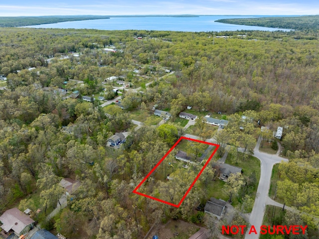 6727 Fisher Woods Rd, Indian River, MI 49749 - aerial overview of property's location with a heavily wooded area, a nearby body of water, and property parcel outlined