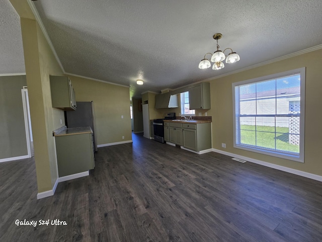 72 Chelsey Ln, Cheboygan, MI 49721 - kitchen featuring crown molding, a textured ceiling, stainless steel range with gas cooktop, dark wood finished floors, and a sink