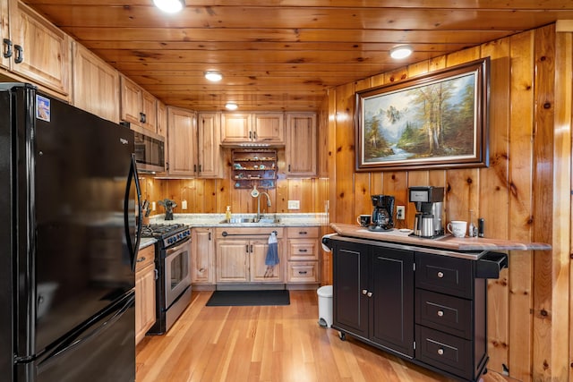 2286 Maxwell Rd, Petoskey, MI 49770 - kitchen featuring stainless steel appliances, a sink, wooden ceiling, light wood-style floors, and wooden walls