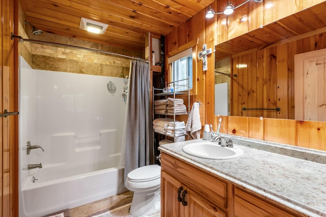 2286 Maxwell Rd, Petoskey, MI 49770 - full bathroom featuring toilet, shower / bathtub combination with curtain, wooden walls, vanity, and wood ceiling