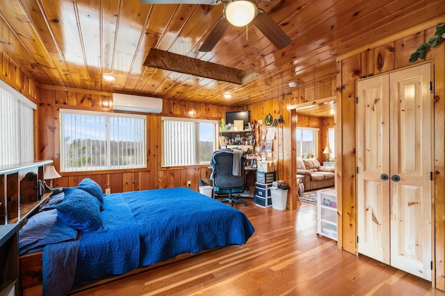 2286 Maxwell Rd, Petoskey, MI 49770 - bedroom featuring a wall unit AC, wood walls, wood ceiling, and wood finished floors