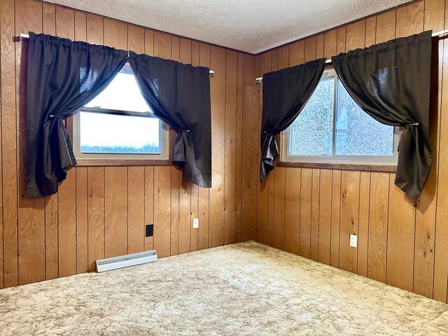 6870 N Spruce Rd, Spruce, MI 48762 - unfurnished room featuring a baseboard radiator, carpet, a textured ceiling, healthy amount of natural light, and wooden walls