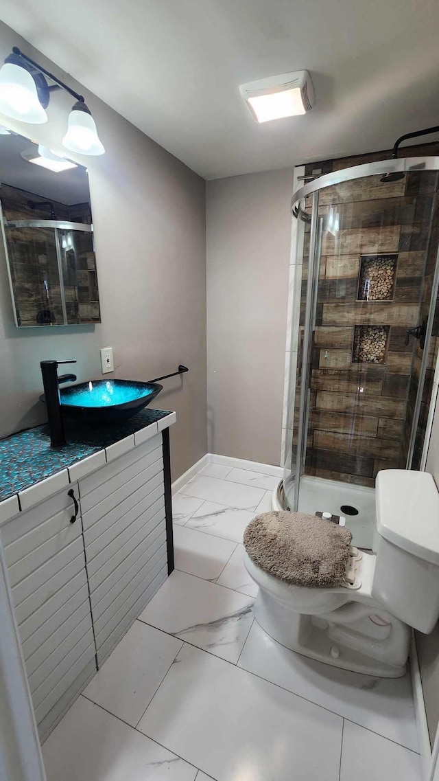 6131 N F41, Spruce, MI 48762 - bathroom with a shower stall, toilet, marble finish flooring, and vanity