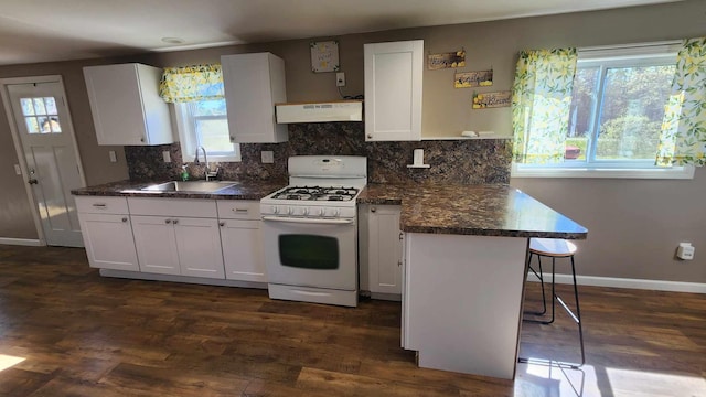 6131 N F41, Spruce, MI 48762 - kitchen featuring white gas range oven, under cabinet range hood, a sink, white cabinets, and tasteful backsplash