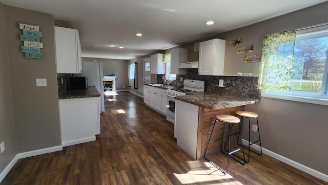 6131 N F41, Spruce, MI 48762 - kitchen with white gas range, under cabinet range hood, white cabinets, a kitchen breakfast bar, and dark wood-style flooring