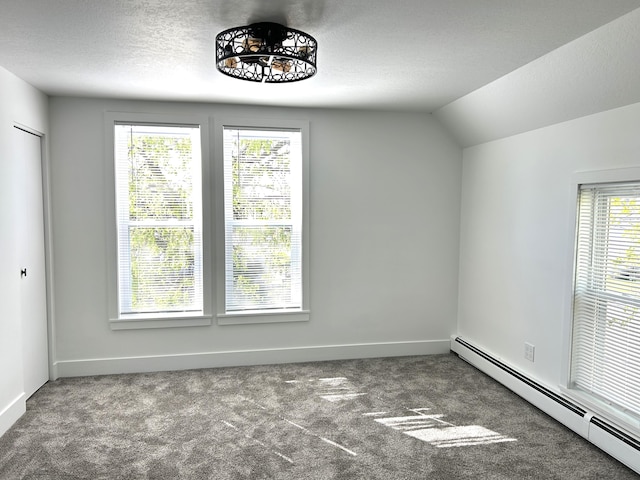 1033 S First Ave, Alpena, MI 49707 - additional living space featuring baseboard heating, carpet flooring, a textured ceiling, baseboards, and vaulted ceiling