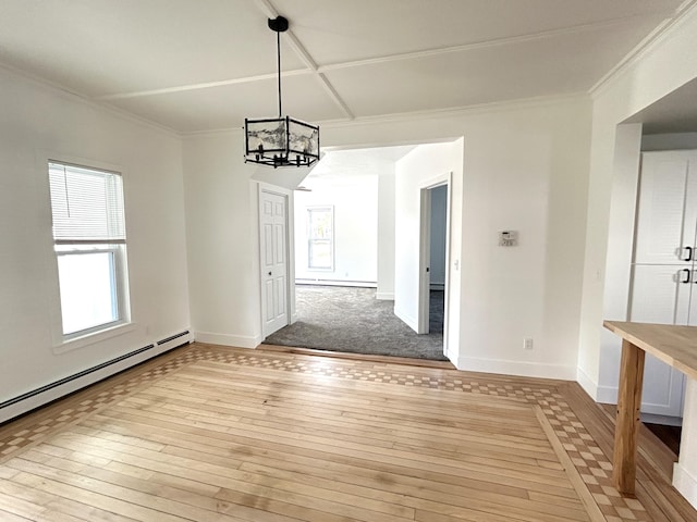 1033 S First Ave, Alpena, MI 49707 - unfurnished dining area with light wood-type flooring, a chandelier, a baseboard radiator, baseboards, and crown molding