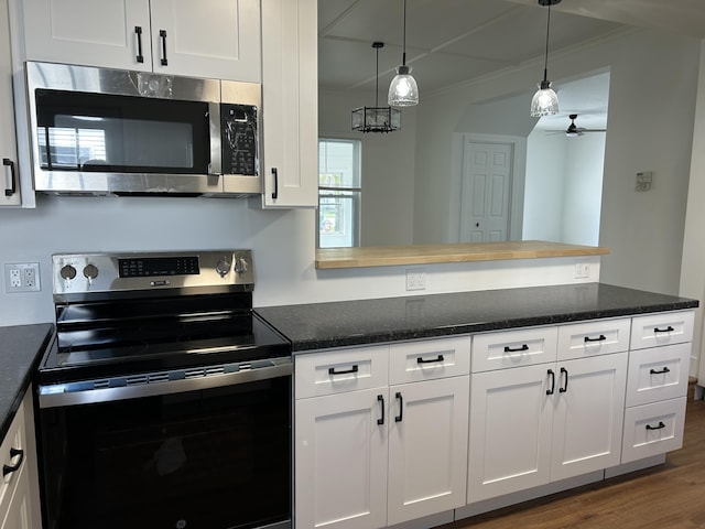 1033 S First Ave, Alpena, MI 49707 - kitchen featuring stainless steel appliances, a peninsula, ceiling fan, white cabinets, and dark wood-style flooring