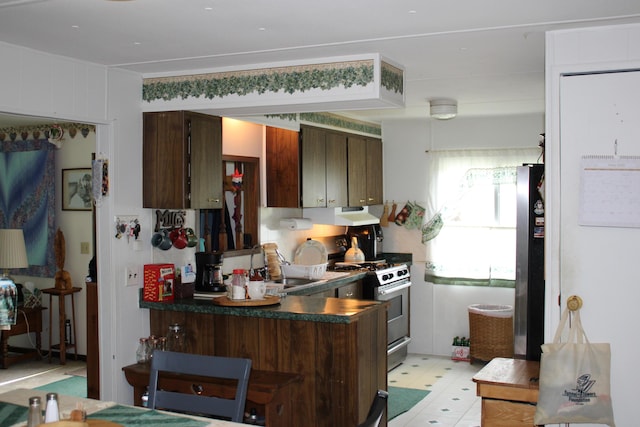 1421 W Miller Rd, Mio, MI 48647 - kitchen featuring gas range oven, freestanding refrigerator, a sink, dark countertops, and light flooring