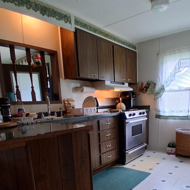 1421 W Miller Rd, Mio, MI 48647 - kitchen featuring gas stove, dark countertops, ventilation hood, and dark brown cabinets