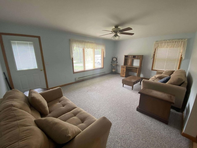 2426 W Park Rd, Mio, MI 48647 - carpeted living room with a baseboard radiator, a ceiling fan, and baseboards