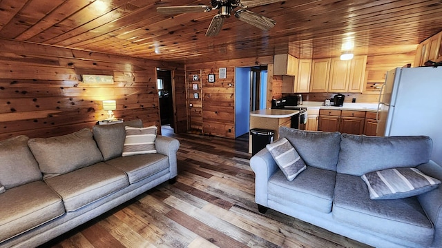 610 Old Trail Dr, Houghton Lake, MI 48629 - living room featuring ceiling fan, dark wood-type flooring, wood walls, and wooden ceiling