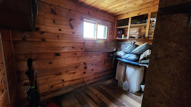 610 Old Trail Dr, Houghton Lake, MI 48629 - clothes washing area with wooden ceiling, wood finished floors, and wood walls
