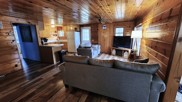 610 Old Trail Dr, Houghton Lake, MI 48629 - living room featuring dark wood-type flooring, wooden walls, wood ceiling, and ceiling fan