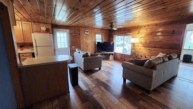 610 Old Trail Dr, Houghton Lake, MI 48629 - living area with dark wood-style flooring, wood ceiling, wood walls, and a ceiling fan