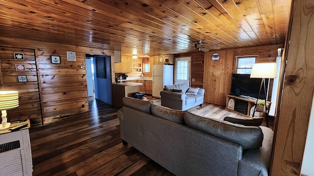 610 Old Trail Dr, Houghton Lake, MI 48629 - living room featuring dark wood finished floors, wooden walls, and wood ceiling